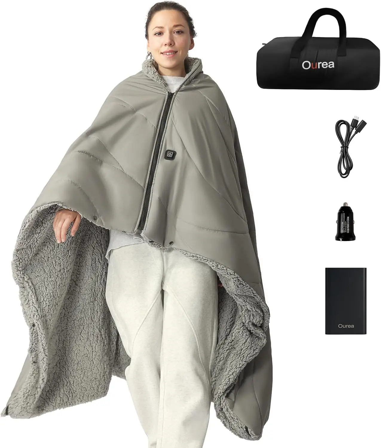 

12V Cordless Heated Blanket with 20000mAh Power Bank for Outdoor Camping Travel Home Sherpa Fleece Grey