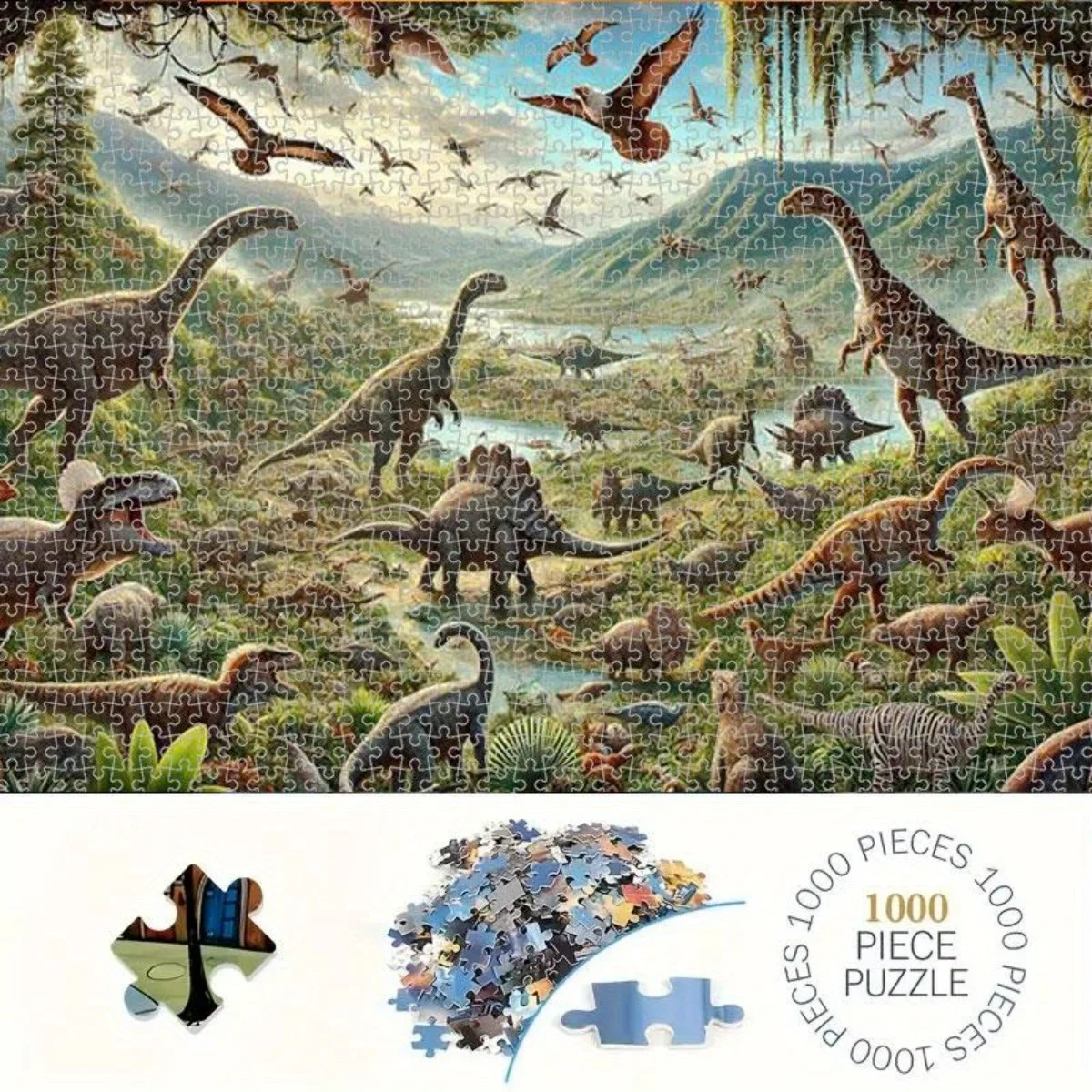 

1000pcs Jurassic Prehistoric Dinosaurs Jigsaw Puzzle - T-Rex, Velociraptor, Triceratops & More - Durable Cardboard Constructio