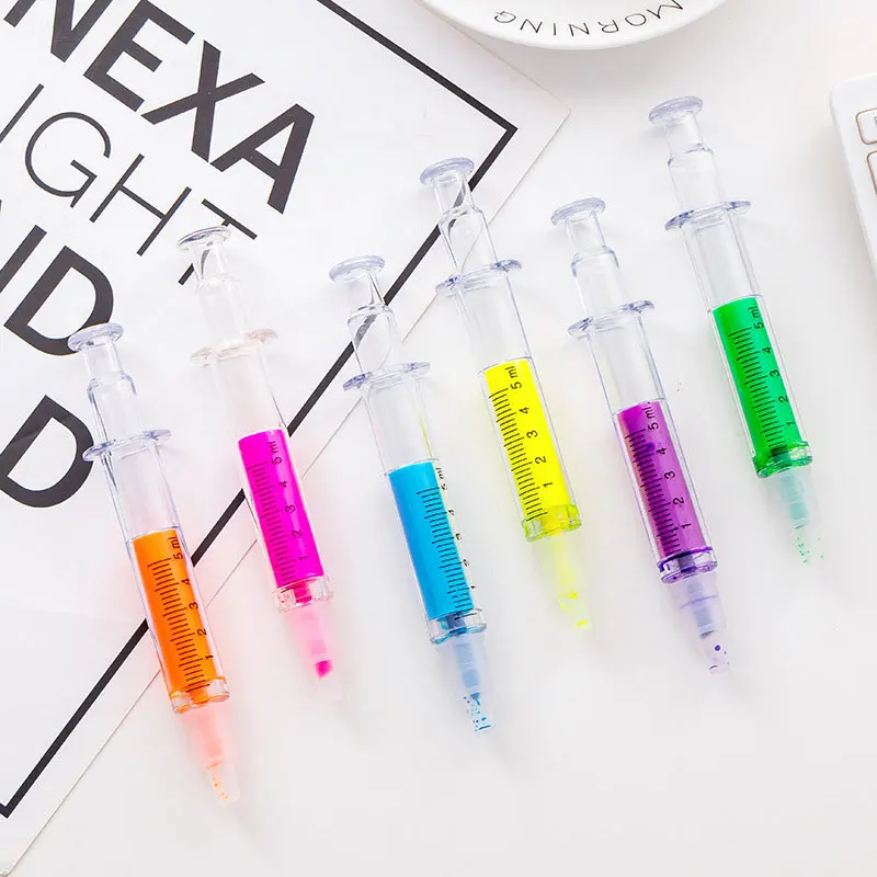 12Pcs ใหม่ Highlighter ชุดปากกาสีเรืองแสงเข็มฉีดยา Marker Liner อุปกรณ์สำนักงานโรงเรียน