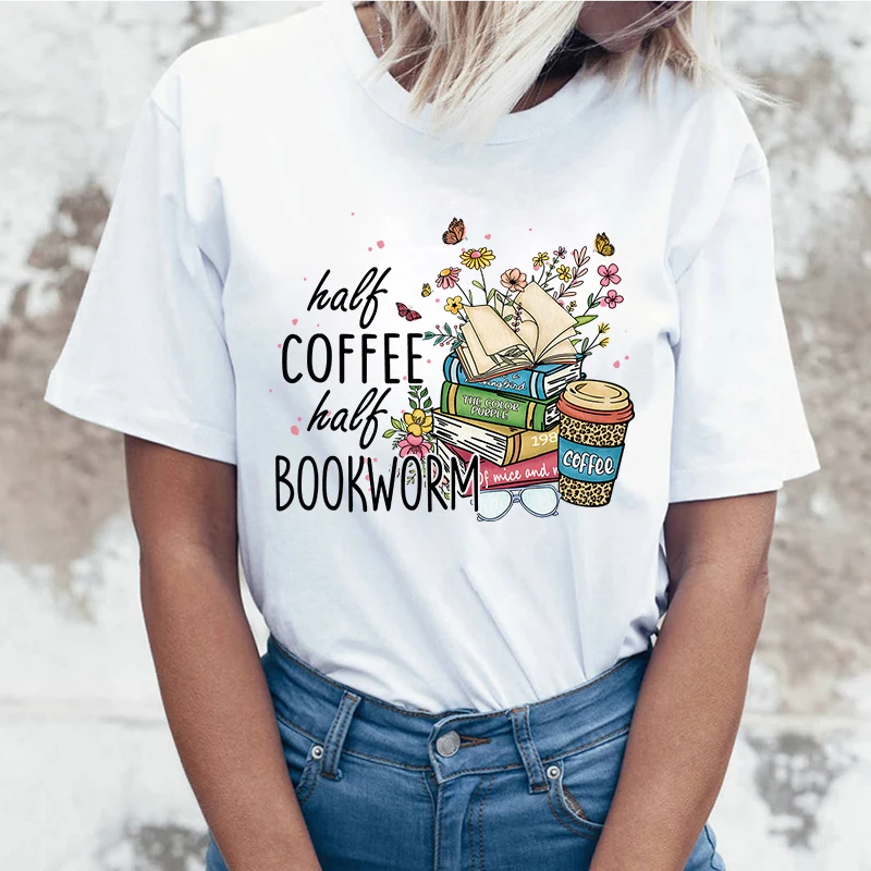 (High quality T-shirts)Hot Half Coffee Half Bookworm Printed T Shirts Casual Tops Summer Short Sleeve Harajuku T Shirts