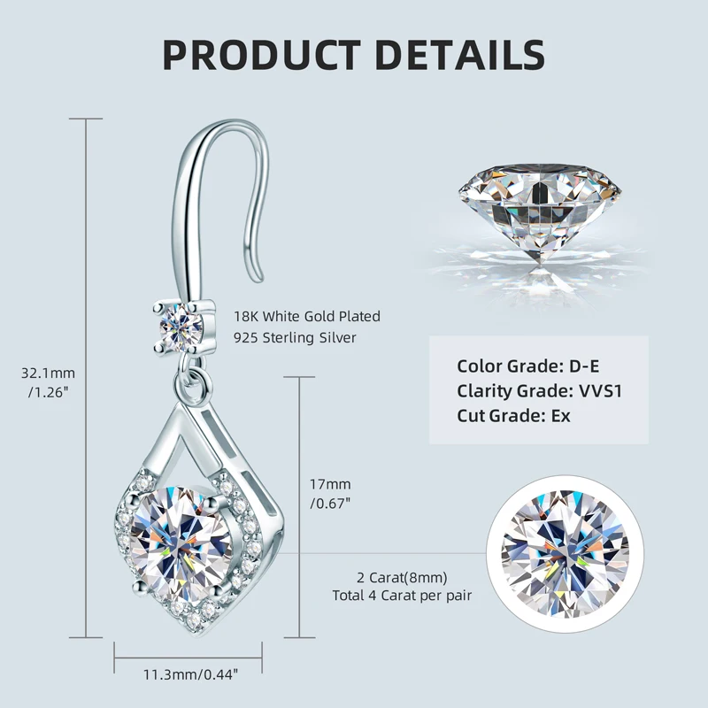 IOGOU 6.5mm/8mm Teardrop D Color Moissanite Hook Earrings With GRA 925 Sterling Silve Engagement Fine Jewelry For Women Girls