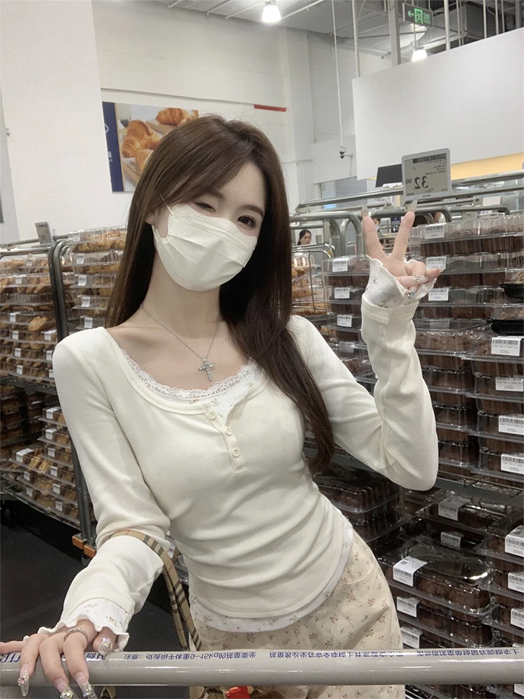 Solid Lace Patchwork Long Sleeve T-shirt Women False Two-piece Slim Long Sleeve Tops 2025 Autumn Women's Top