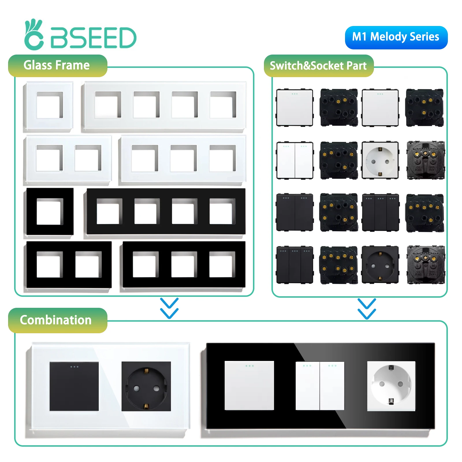 BSEED Mechanical Button Switch Module Part 1/2/3Gang 1/2Way Wall Socket Function Parts Glass Frame White Black DIY Combination