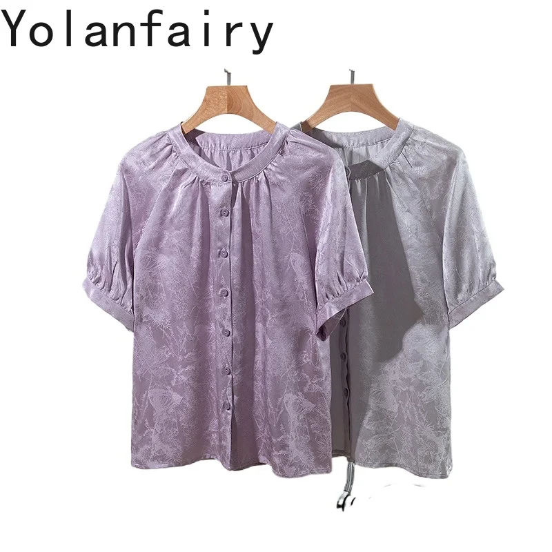 

YOLANFAIRY 100% Natural Mulberry Silk White Shirt Woman Summer Clothing Jacquard Satin Button Up Shirts Short Sleeve Womens Tops