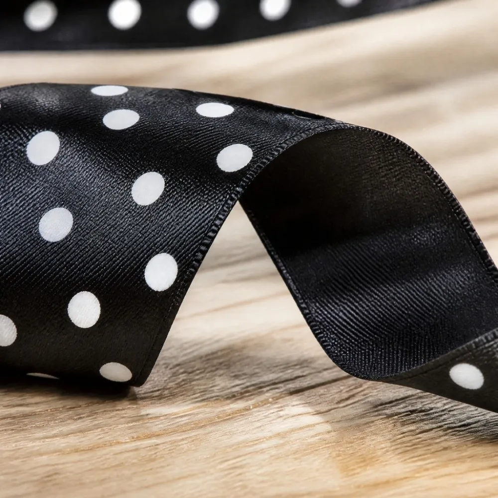 Versatile 3/8 Inch Satin Ribbon 25 Yards Polka Dot Printed Grosgrain Ribbon Black Hair Bows DIY Craft