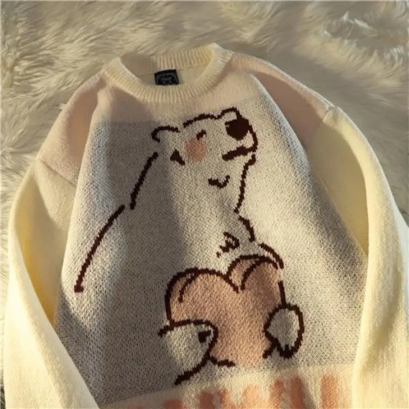 Girl Sweet Casual Sweater Fashion Autumn Winter Woman's Apricot Pullover Cartoon Embrace Love-heart Polar Bear Female Knitwear