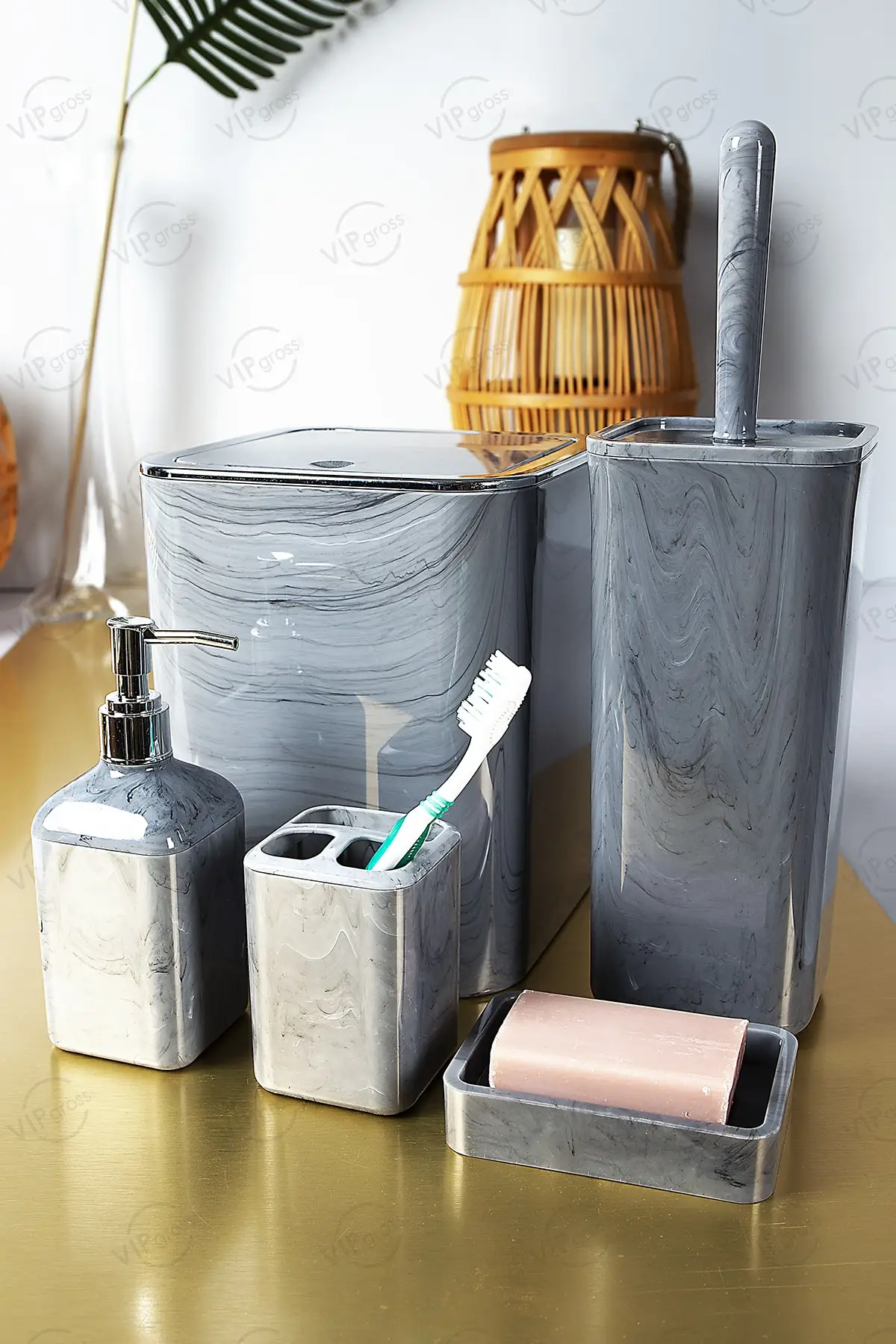 Marble Patterned Square Acrylic Bathroom Set Toothbrush Holder, Liquid Soap Dispenser, Toilet Brush, Trash Can