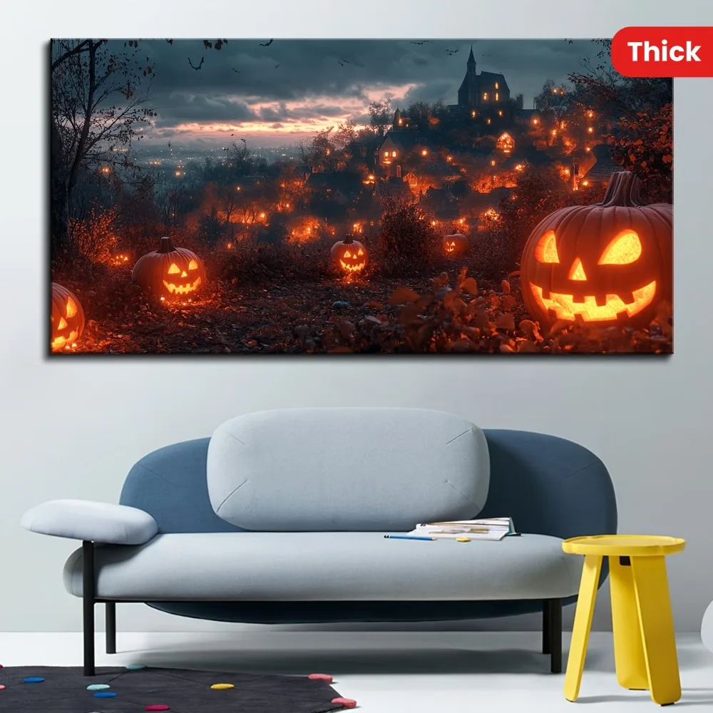 Halloween home decor, dark blue Ghost Castle canvas mural, jack-o '-lanterns with spooky smiles and bats flying in the moonlight