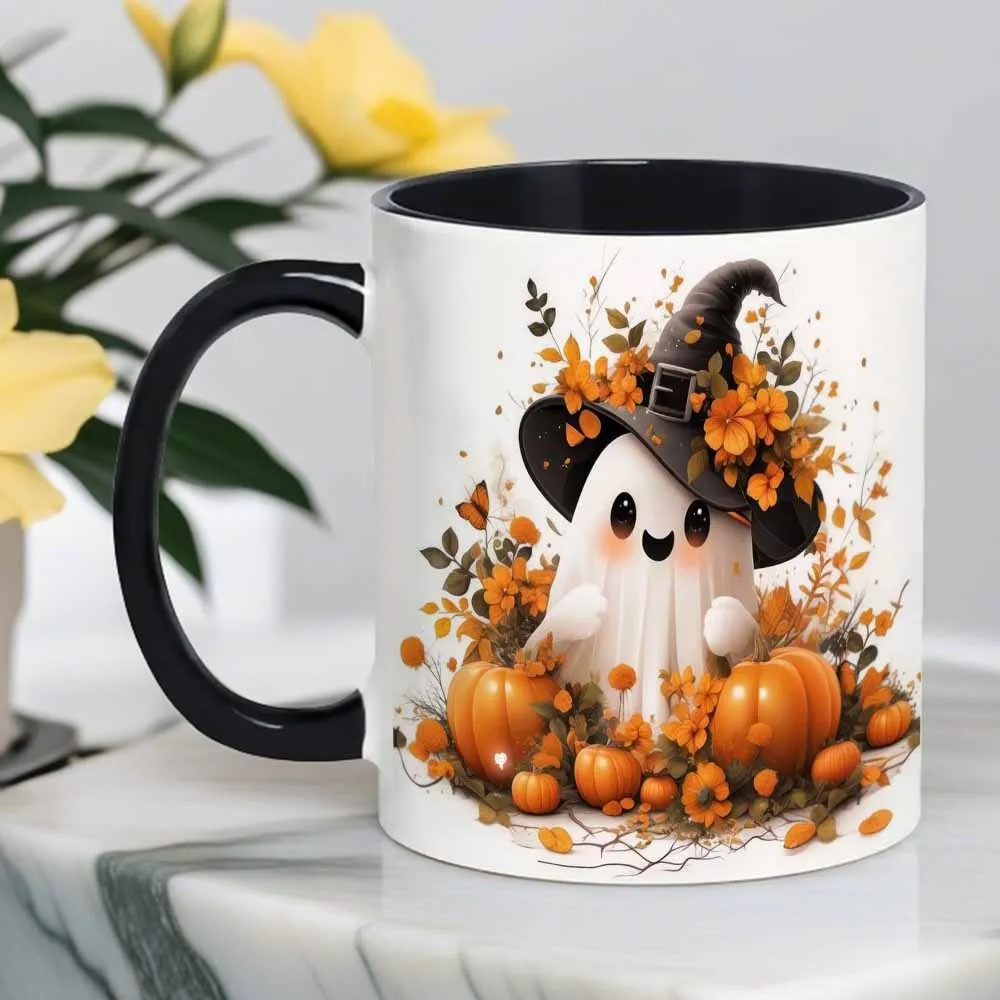 1pc, 11 Ounces Classic Humorous Tea And Coffee Quote Ceramic Mug - Reusable Coffee Cup, Ideal for Both Summer And Winter. Adorable Ghost Wearing a Witch Hat (With Pumpkin) - Perfect Gift for Various Occasions - for Friends, Family, for Halloween