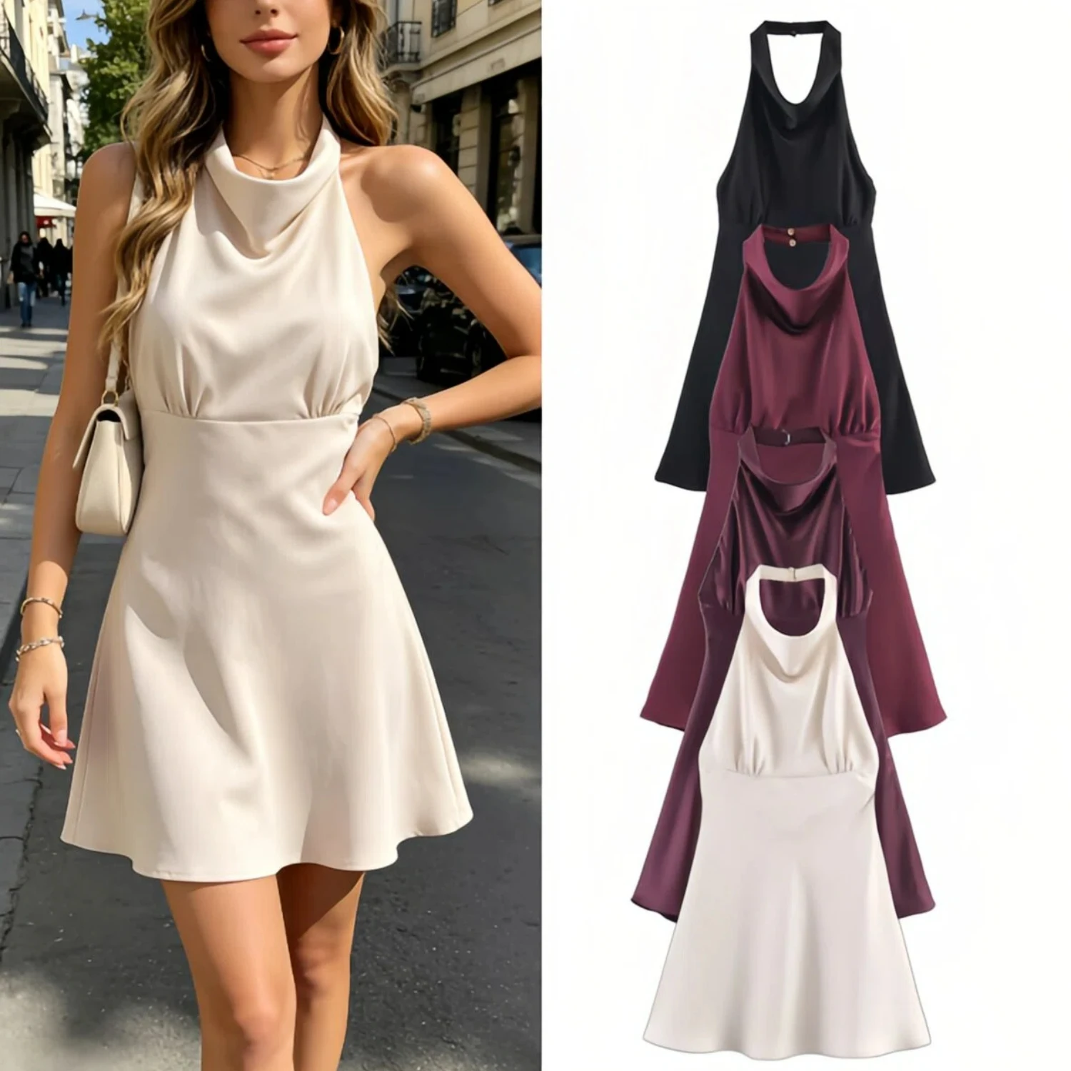 Damen 2026 Neckholder Rückenfreies Satin-Midikleid im Neuen Stil Elegantes Sommer-Cocktailkleid für Formelle Anlässe Sexy Partykleid