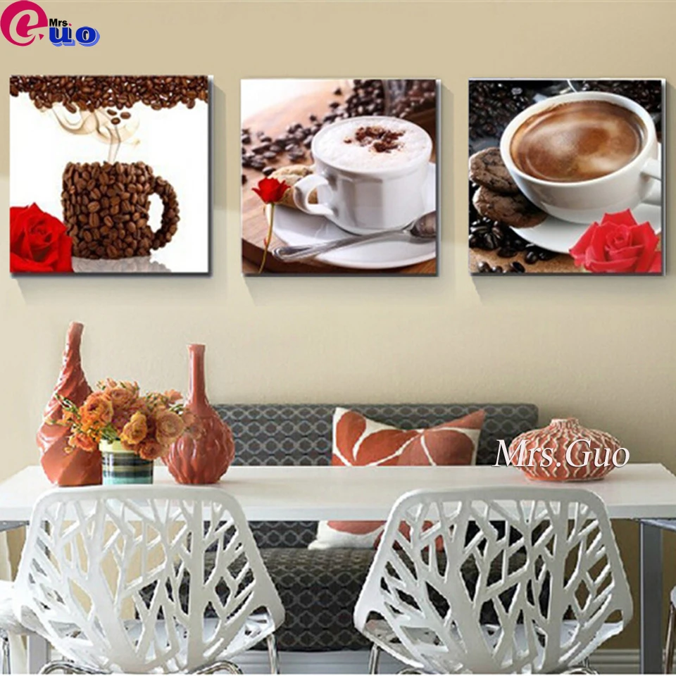 5d Diamond Painting Home Decor 3 Pieces Coffee Cup Pictures Diamond Embroidery Modular Coffee Bean Flower Restaurant Room Art