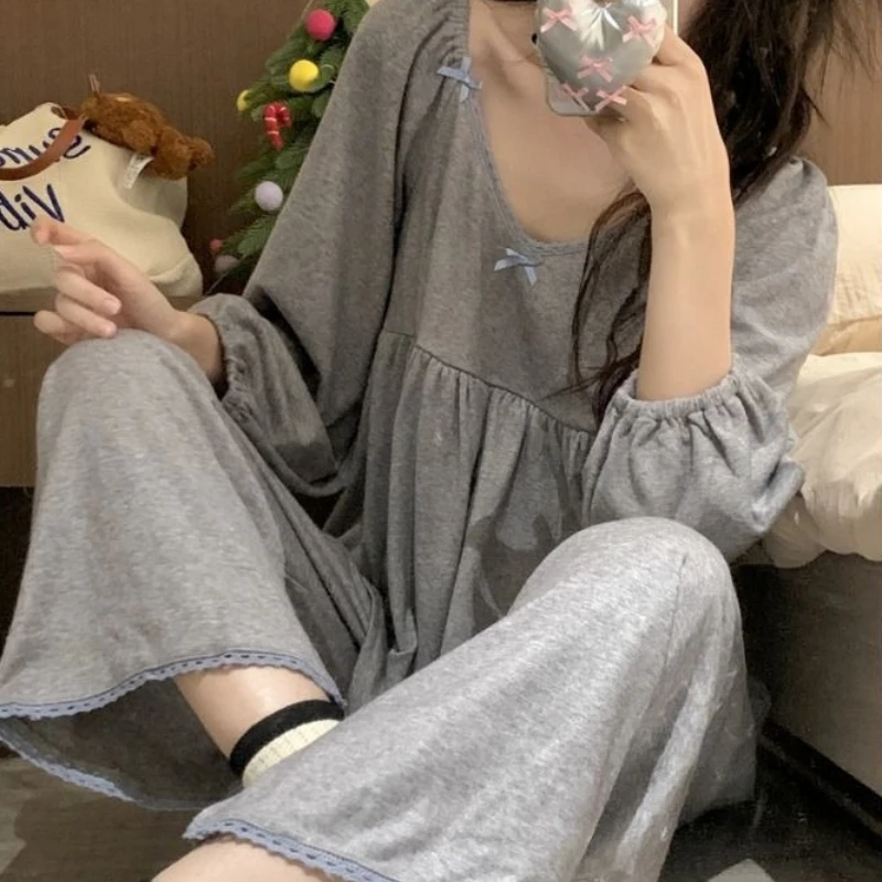 

Sweet Lace Sleepwear Women's Autumn and Winter Long Sleeved Long Pants Home Wear Sleepwear Set Pijamas De Mujer