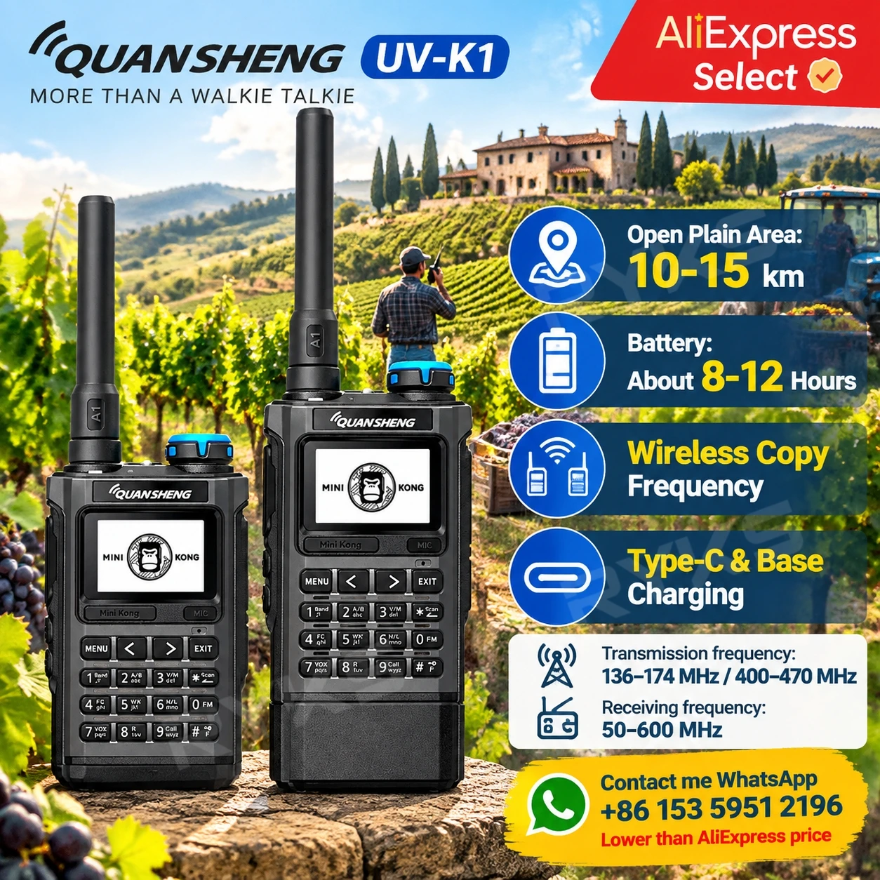 QUANSHENG UV-K1 Walkie Talkie Dual Band VHF UHF Two Way Radio For Vineyard Winery Farm Team Communication Outdoor