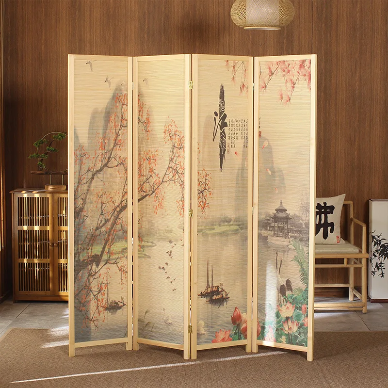 Bamboo screen partition living room household Chinese landscape flowers and birds modern simple entrance door bedroom folding