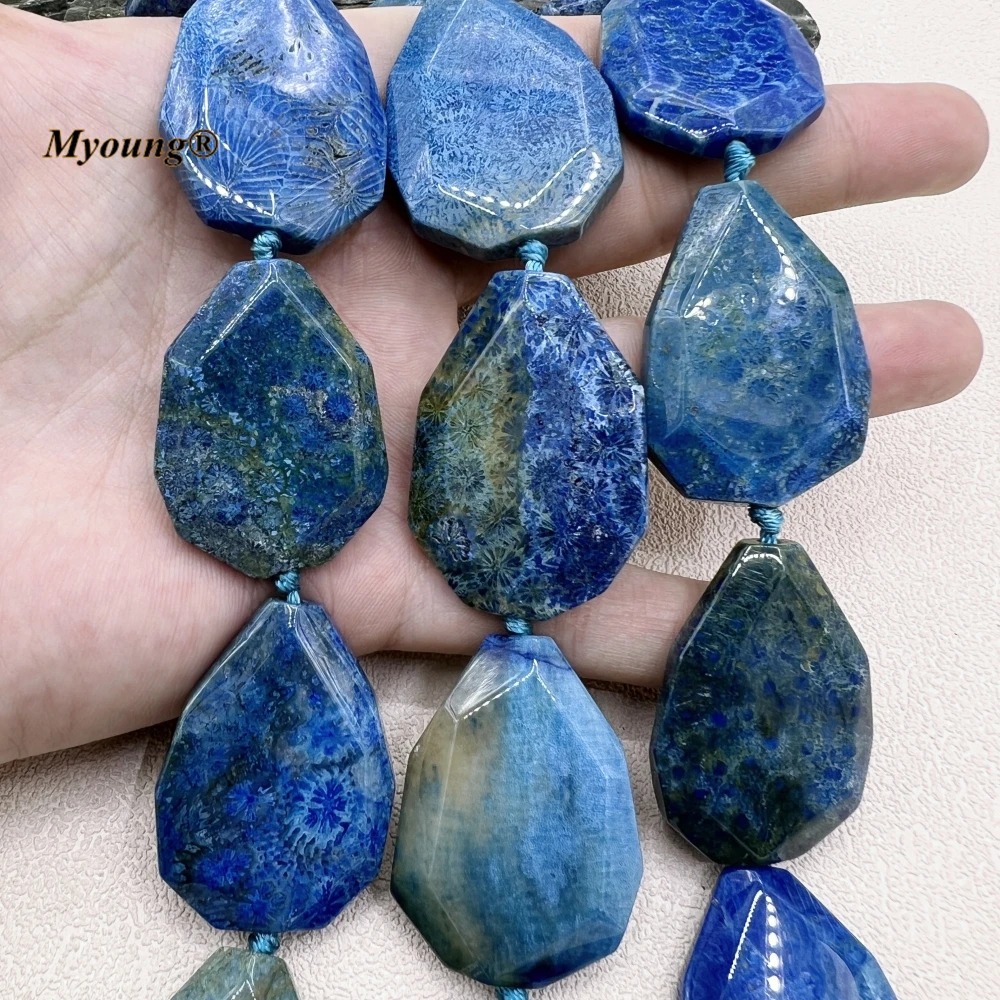 Large Faceted Blue Natural Coral Jaspers Chrysanthemum Stone Cutting Slice Pendant Beads MY230747