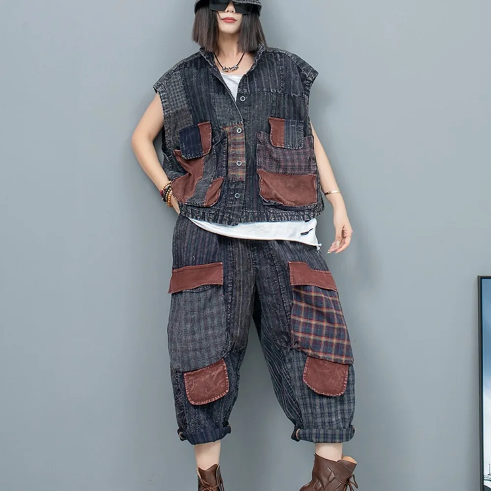 

Spliced Plaid Old Fabric Lapel Big Pocket Vest + Pants Two-piece Set Women 2024 Summer Loose Fashion Pant Set LX894