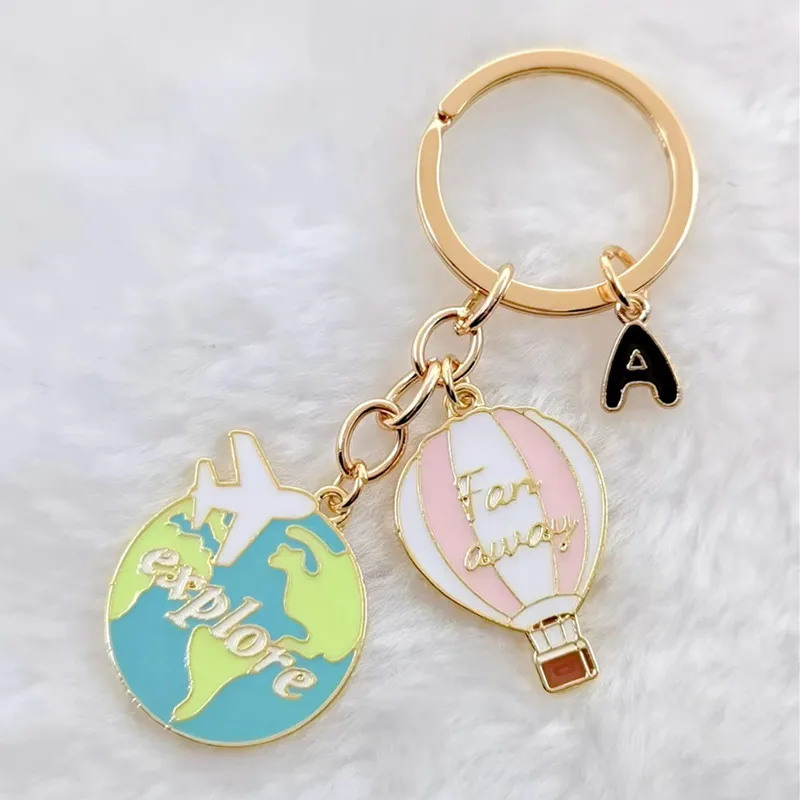 Fashion A-Z travel airplane Hot air balloon charm Pink blue enamel pendant DIY made key chain party travel jewelry gift