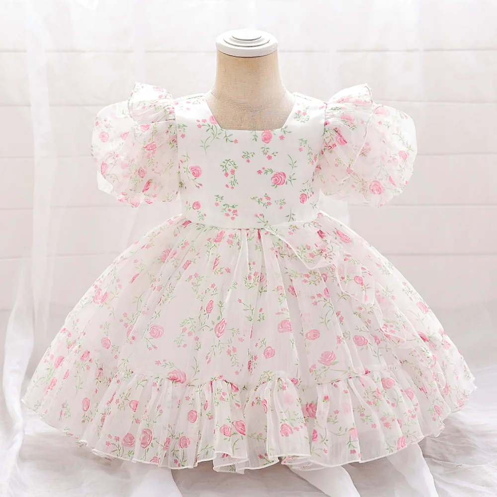 Summer Rose Flower White Baby Girl Dress Tulle Princess 1 Years Birthday Kids Dresses For Girls Toddler Party Prom Baby Clothing