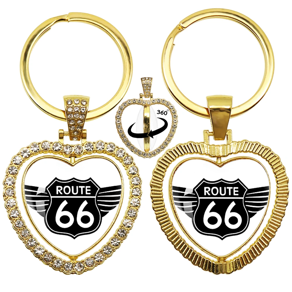 New Route 66 Motorcycle Cars Double Sided Keychain Heart Shaped Pendant Bag Car Fashion Accessories Jewelry