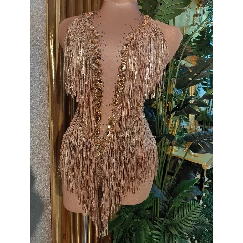 Latin belly dance costume 2024 new champagne color sexy sparkling diamond tassel round neck elegant luxury jumpsuit