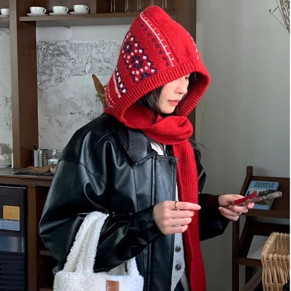 

Теплая шапка-пуловер, жаккардовая шапка-балаклава, стильная красная шапка для защиты ушей, утолщенная теплая зимняя шапка на открытом воздухе