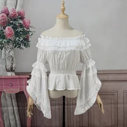 Wiktoriański Vintage Lolita koszule damskie Kawaii koronkowe falbany O-Neck Flare rękaw bluzka z szyfonu dziewczęce słodkie eleganckie księżniczki bluzki