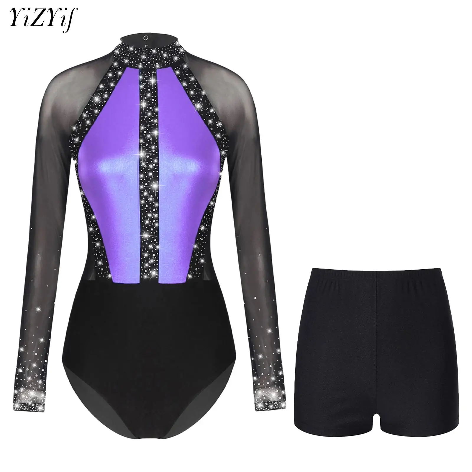 Women Ballet Dance Leotard Gymnastics Figure Skating Performance Costume Sheer Mesh Long Sleeve Bodysuit Dancewear with Shorts