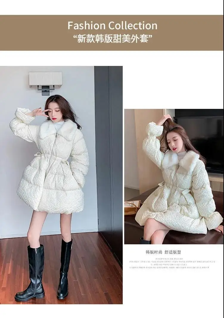 Korean Sweet Mid-Length Padded Coat for Women Winter Doll Collar Waist-Cinching Puffer Parkas Woman A Line Fluffy Quilted Jacket