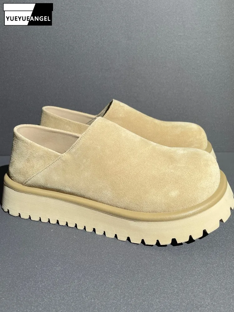 Spring Mens Round Toe Real Cow Suede Leather Shoes Thick Platform Footwear Light Weight Slip On Loafers Comfortable Work Shoes