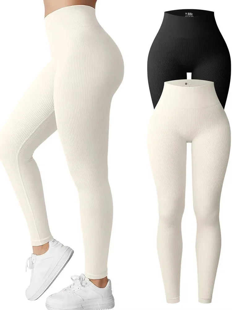 Leggings lavorati a maglia con filo Collant slim senza cuciture da donna Allenamento da palestra Corsa Vita alta Sollevamento fianchi Pantaloni fitness yoga ad alta elasticità