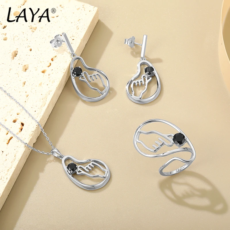 LAYA 925 Sterling Silver Gemstone Natural Black Sapphire Than Heart Hand Temperament Irregular Ring Earrings NecklaceJewelry Set