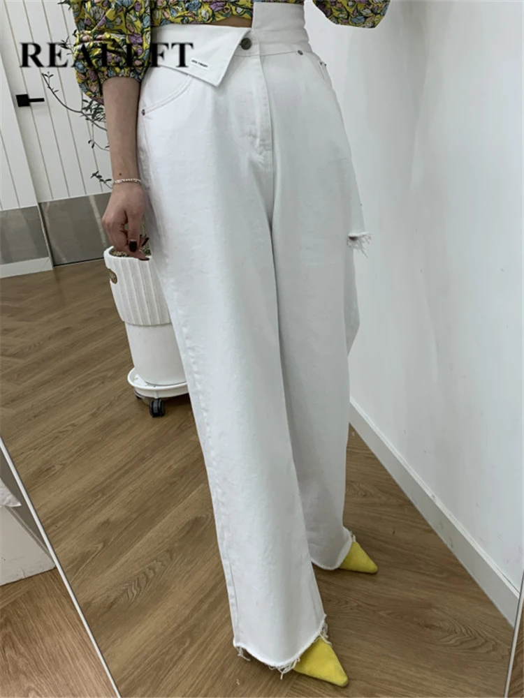 

REALEFT 2023 New Irregular Hole White Women Denim Wide Leg Pants High Waist Spring Summer Casual Jeans Straight Trourses Female