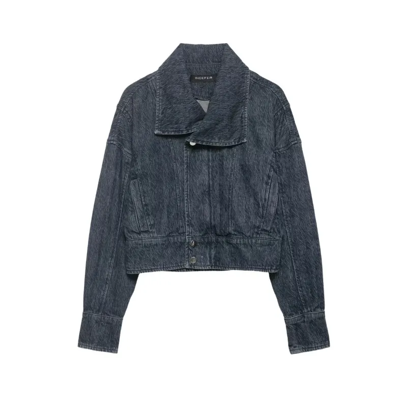 

Женская короткая джинсовая куртка на весну, повседневная, винтажная, с отложным воротником, длинными рукавами, на молнии, модная, в уличном стиле, топ