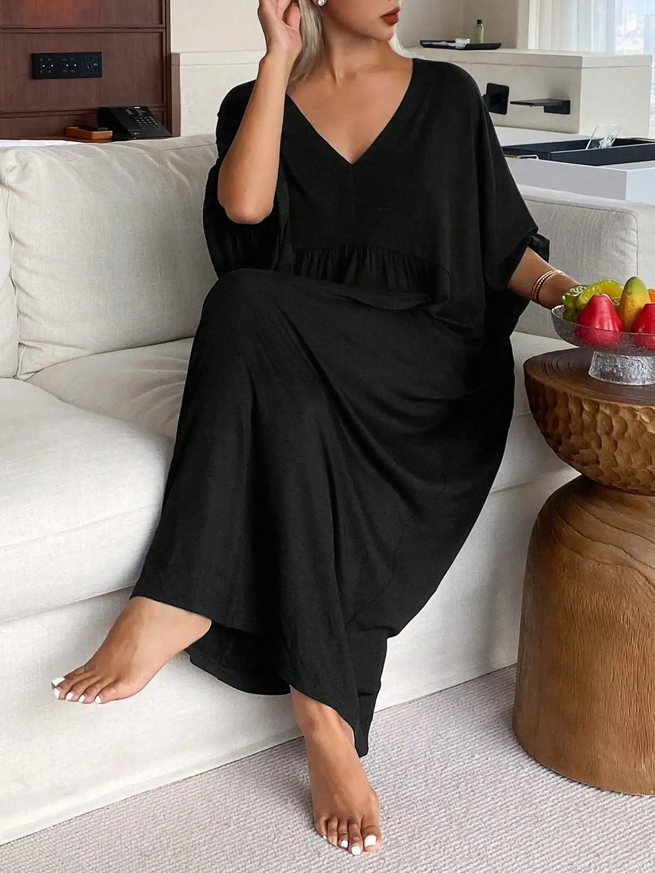 

Black V-Neck Loose Pleated Long Sleep Dress with Batwing Sleeves for Women Home Lounge