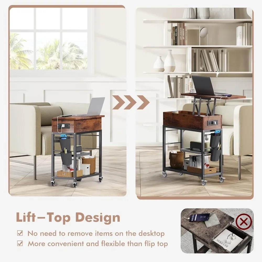 End Table with Charging Station and Wheels, Sofa Side Table with USB Port & AC Outlets, Movable Bedside