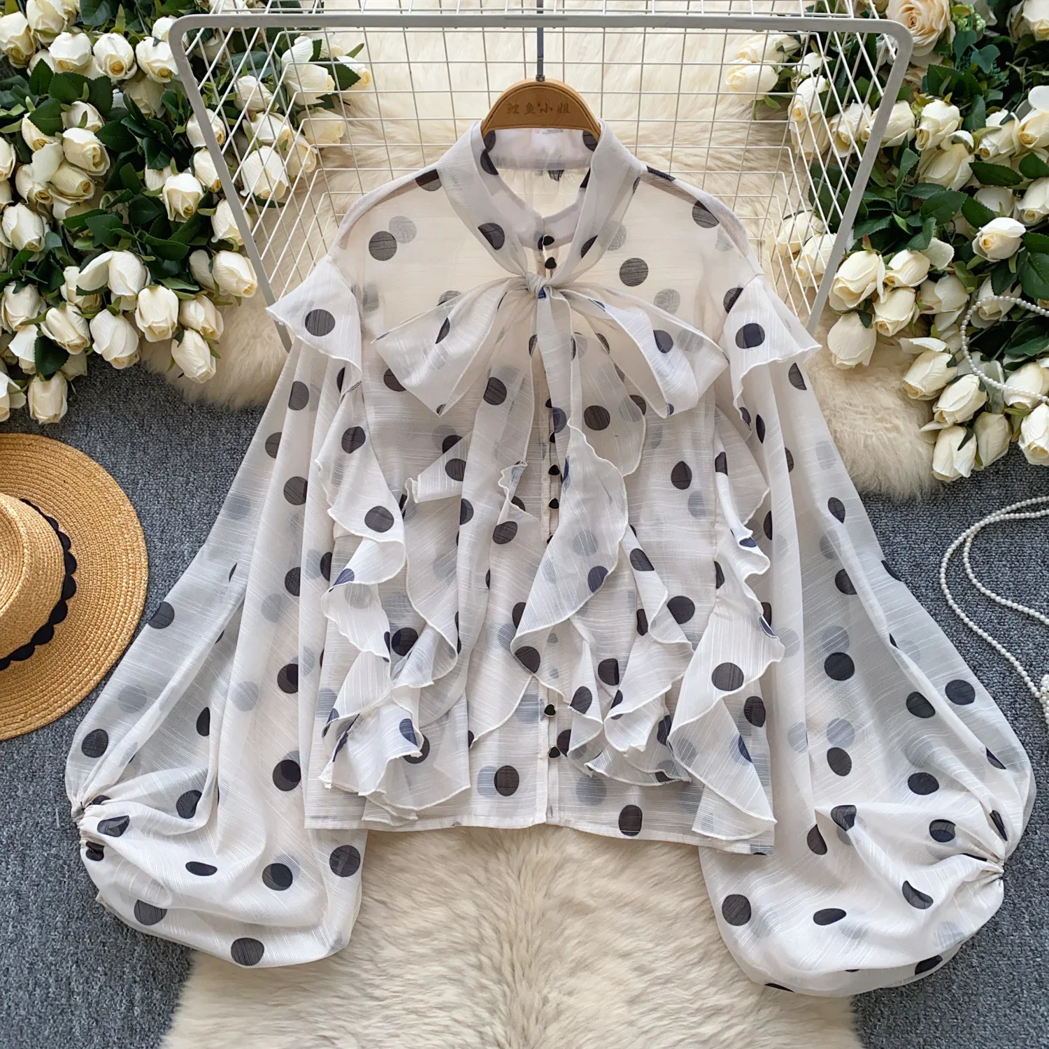 Women Butterfly Bow Lace-up Vintage Lantern Long Sleeve Top Slim Fashion Polka Dot Mesh Chiffon Blouse Hotsweet Spring Clothing