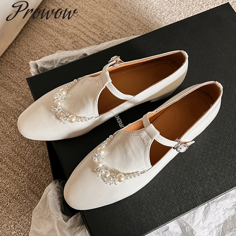 

Pearl chain Pumps T-word buckle thick heel Mary Jane shoes genuine leather women's shoes