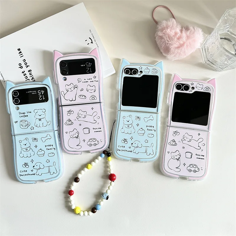 

Cute Line Cat Dog 3D Ears Phone Case for Samsung Galaxy ZFlip3 ZFlip4 ZFlip5 ZFlip6 Hard PC Back Cover for Z Flip 6 Case Shell