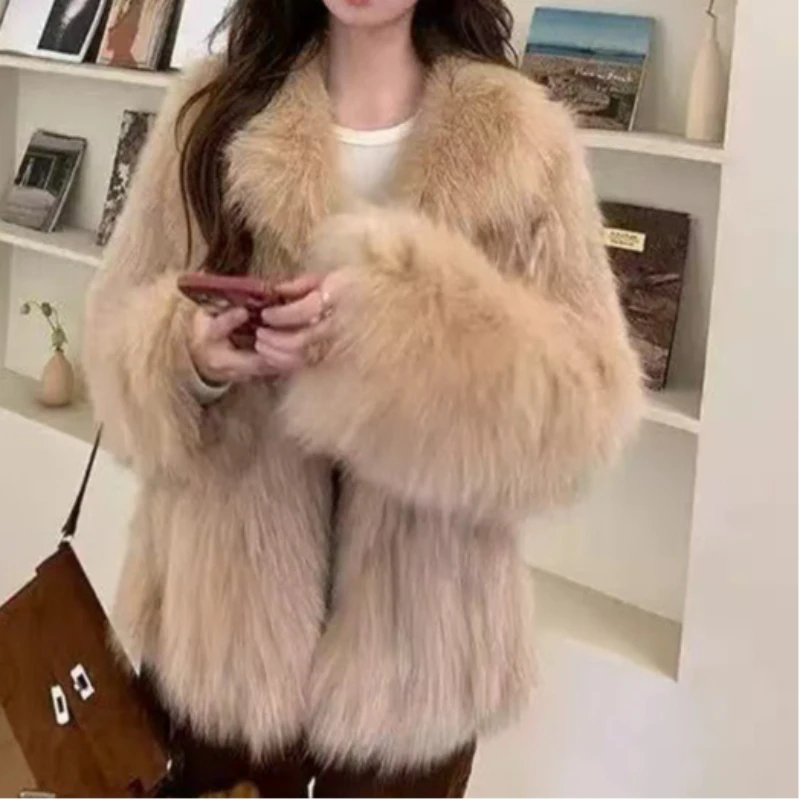 

2025 New Environmentally Friendly Fox Hair Large Lapel Thickened Fashion Medium and Long Fur Fur Coat Women