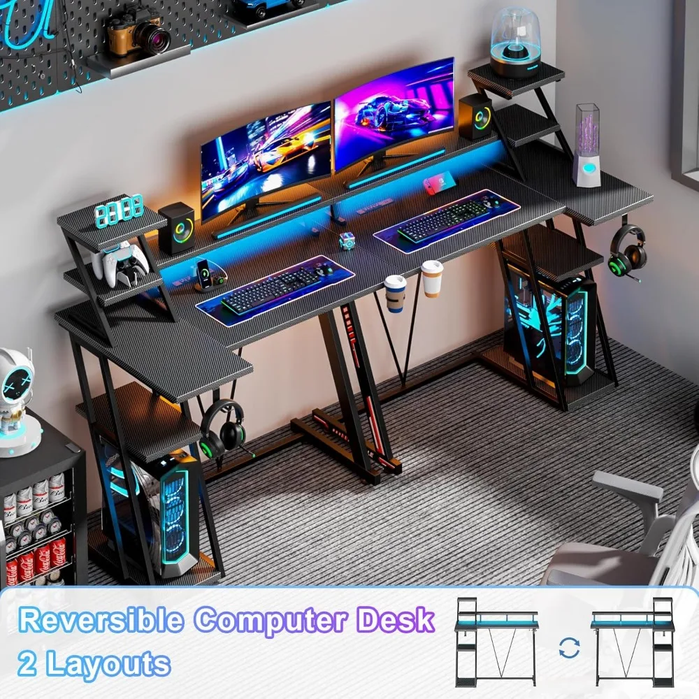 Reversible Corner Gaming Desk with LED Lights & Power Outlet, 39 Inch Computer Desk with Storage Shelves