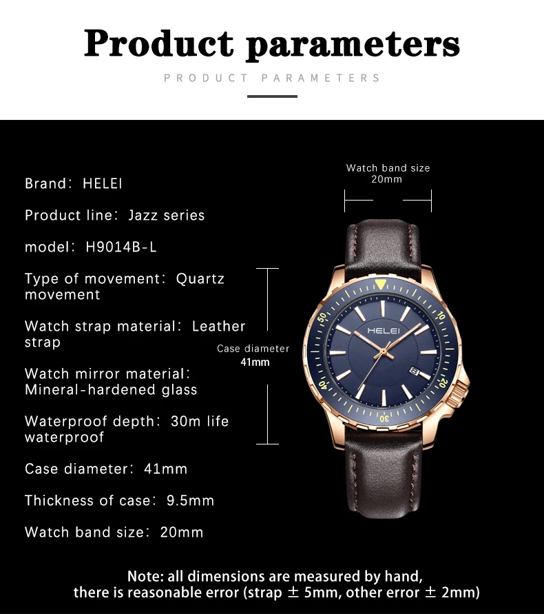 ساعة يد رجالية كوارتز جديدة من HELEI بحزام مضيء من الجلد الطبيعي #5