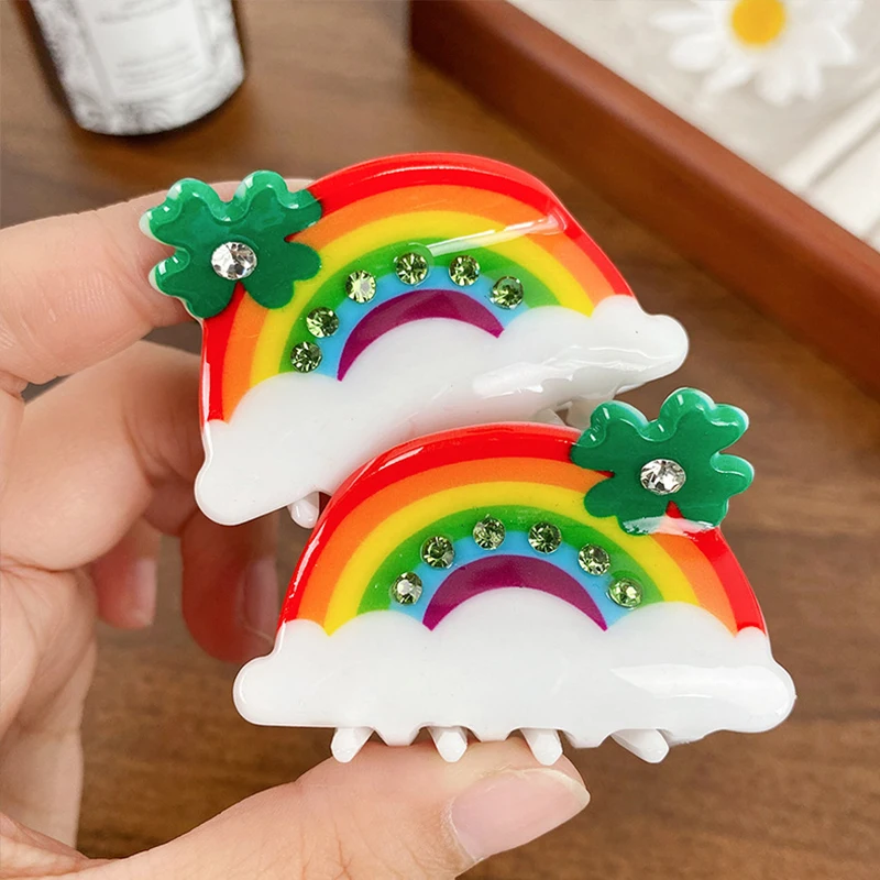 

Sweet Rainbow Flower Rhinestone Shark Hair Clip For Women Luxury Semicircular Non-slip Ponytail Barrettes Hair Claw Accessories