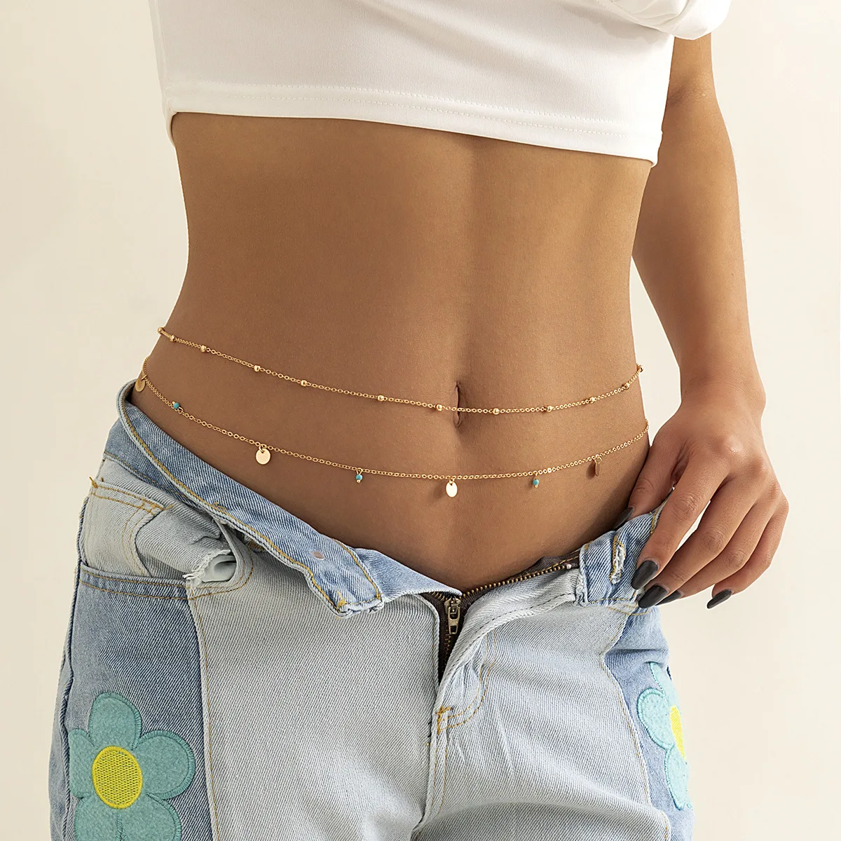 Vacay Waist Chain Delicate Metal Body Jewelry Turquoise Sequins Pendant Adjustable Bohemian Beach Accessory Rave Festival Ready