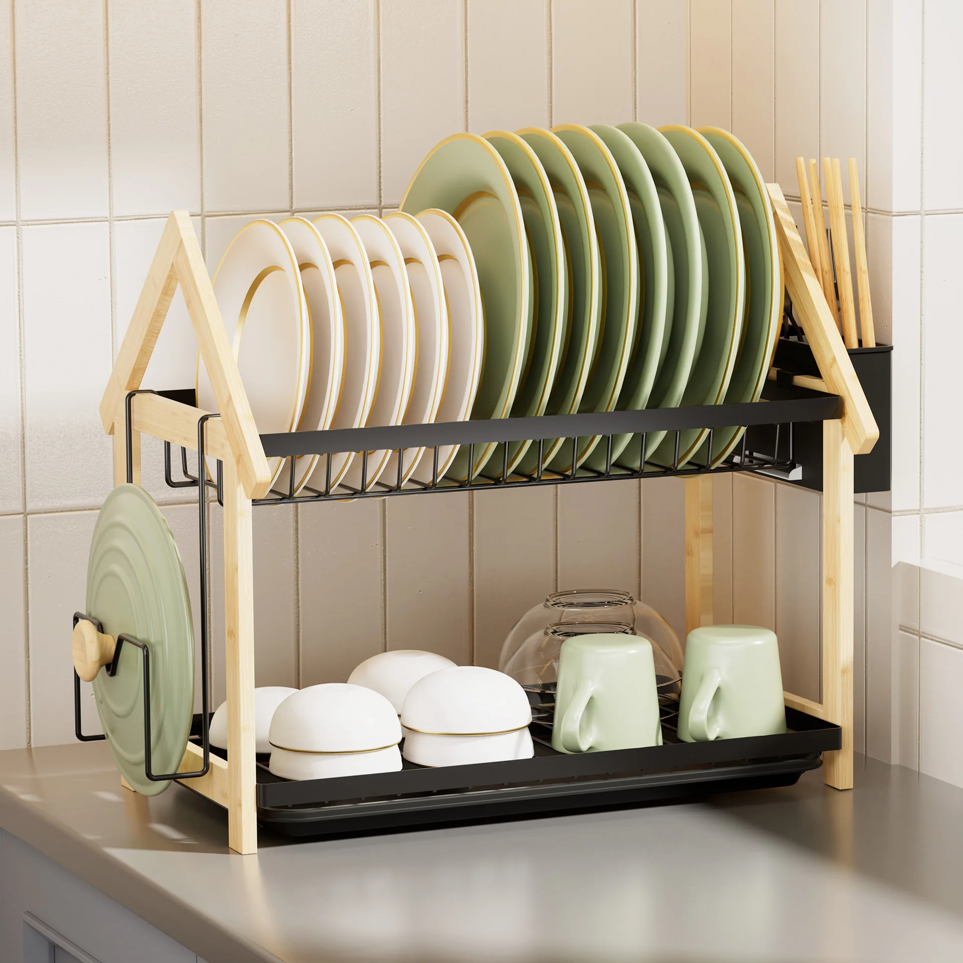 

Suitable forNew double drain dish rack with cup holder with cutting board holder chopstick cartridge storage kitchen storage art