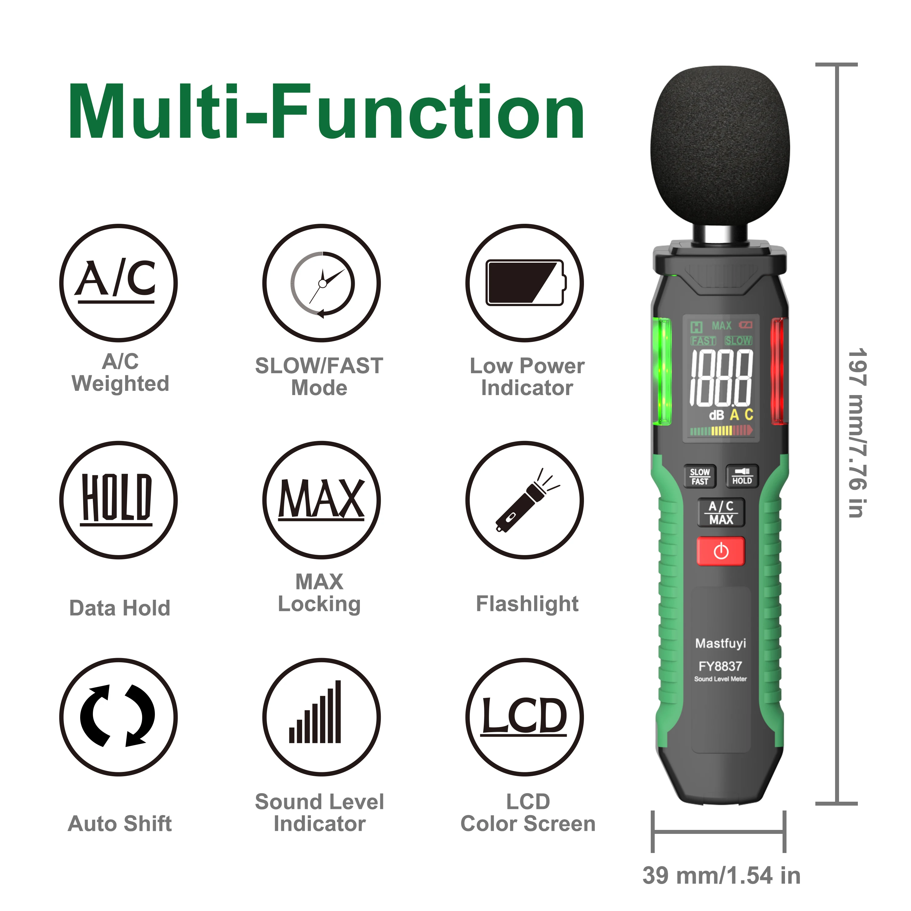 MASTFUYI Misuratore di Rumore Digitale A/C 30-130dB, Alta Precisione per Casa/Studio/Industria e Analizzatore Audio