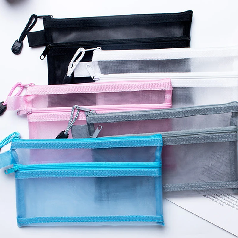 A4 A5 A6 Portable Double-layer Mesh Zipper File Bag Transparent Student Test Paper Data Storage Bag Office Files Stationery