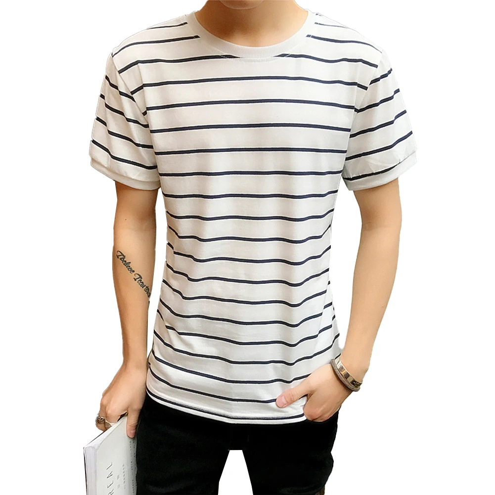 2025 New! Premium Men\'s Korean Style Stripe Print Slim Short Sleeve T-Shirt, Ideal For Casual & Undershirt Needs