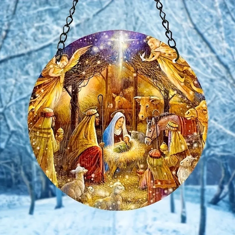 

Happy family stained glass catcher round window hanging catcher indoor garden pendant gift