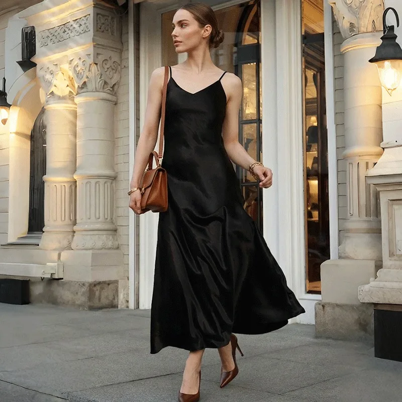 

Ticketsx Summer Sexy Satin Dress Solid Vintage V-Neck Lace Up Backless Patchwork Slim Dress Elegant Luxury Party Evening Dresses