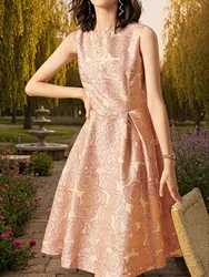 DEVCHATA Elegant Women Sleeveless Summer Jacquard Boho Floral Vintage Ladies Party Clothes New A-Line Midi Dress Ladies Gowns